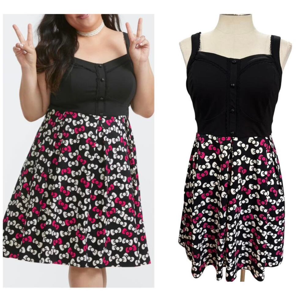 Torrid 18 Hello Kitty Bow Print Rockabilly Pin Up Fit n Flare Dress w/Pockets 2X